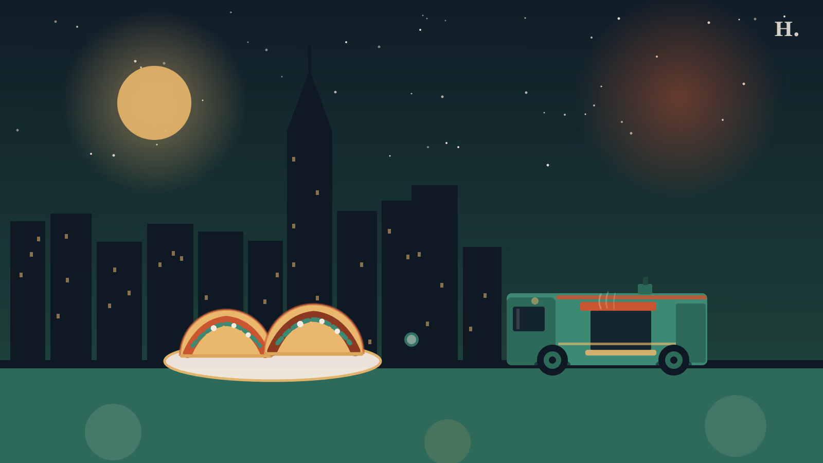 Best tacos in Spring TX night scene with taco plate and food truck silhouette on city skyline