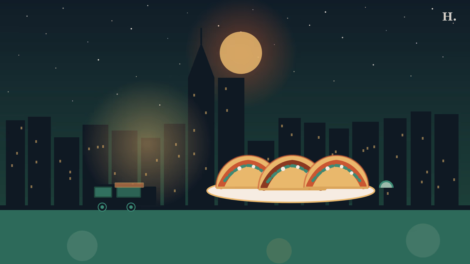 Best tacos in Sugar Land TX: taco motifs and Houston night skyline illustration