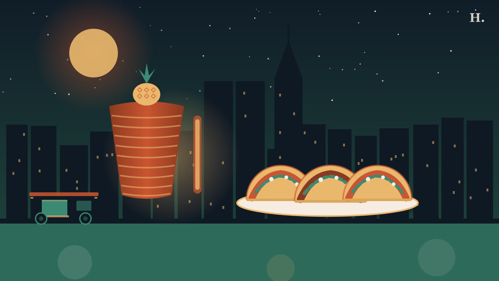 Three taco shells and al pastor trompo with food truck in The Woodlands TX night sky