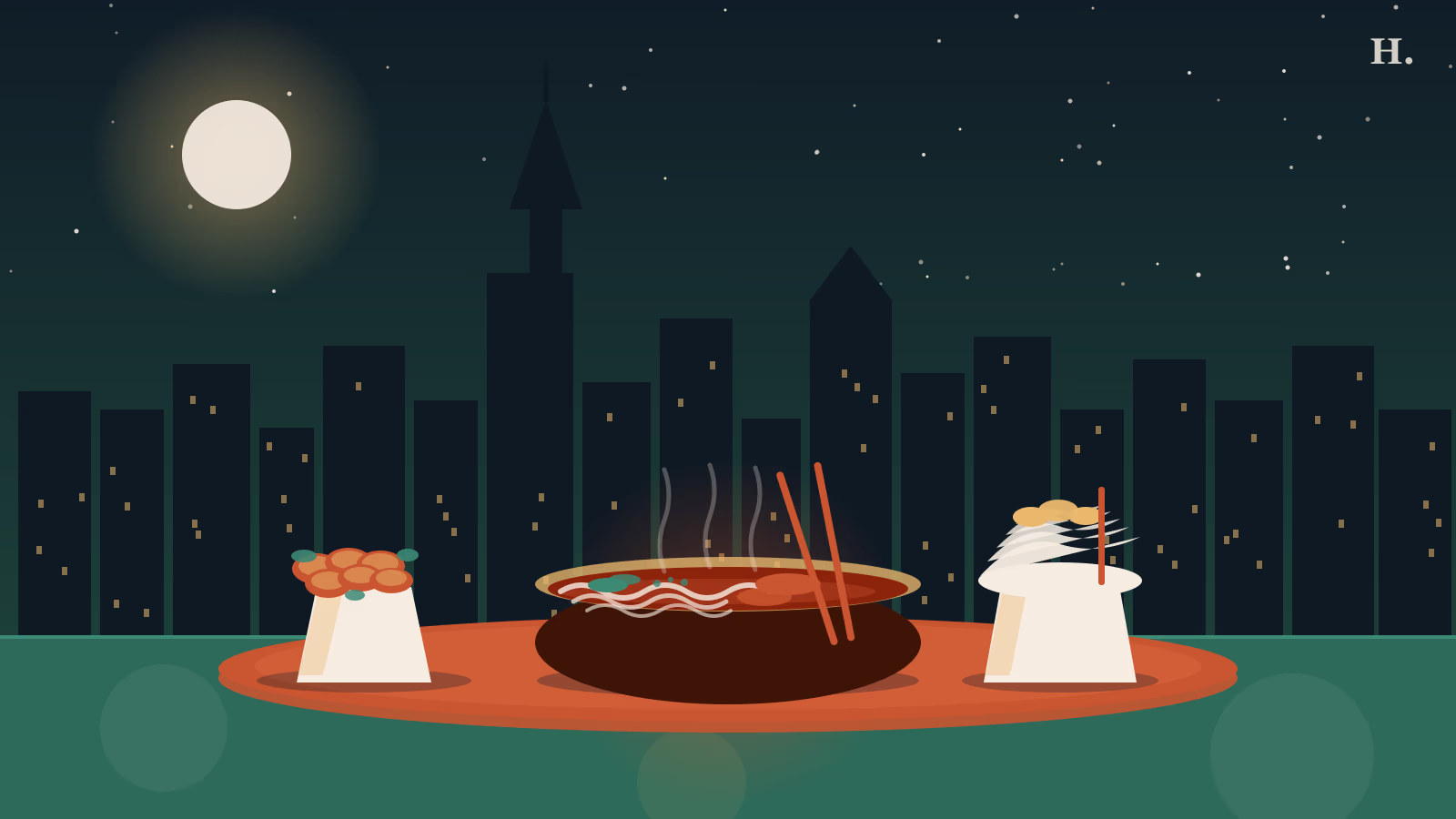 Taiwanese food Houston illustration: beef noodle soup bowl, shaved snow cup and popcorn chicken against Houston night skyline