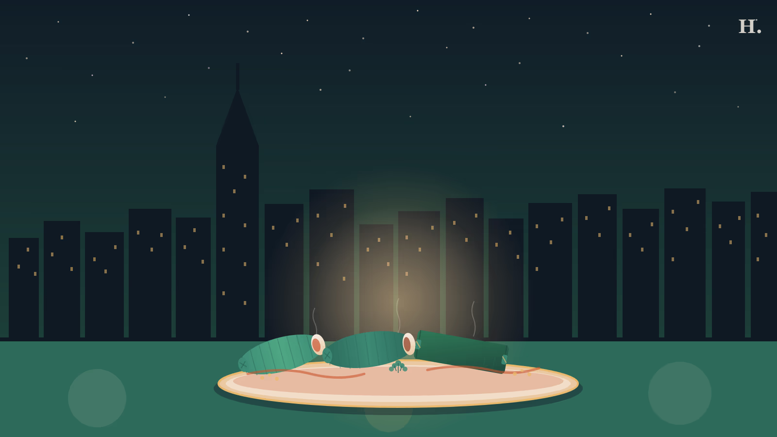 Tamales in Houston illustration showing corn-husk and banana-leaf wrapped tamales against the Houston skyline at night