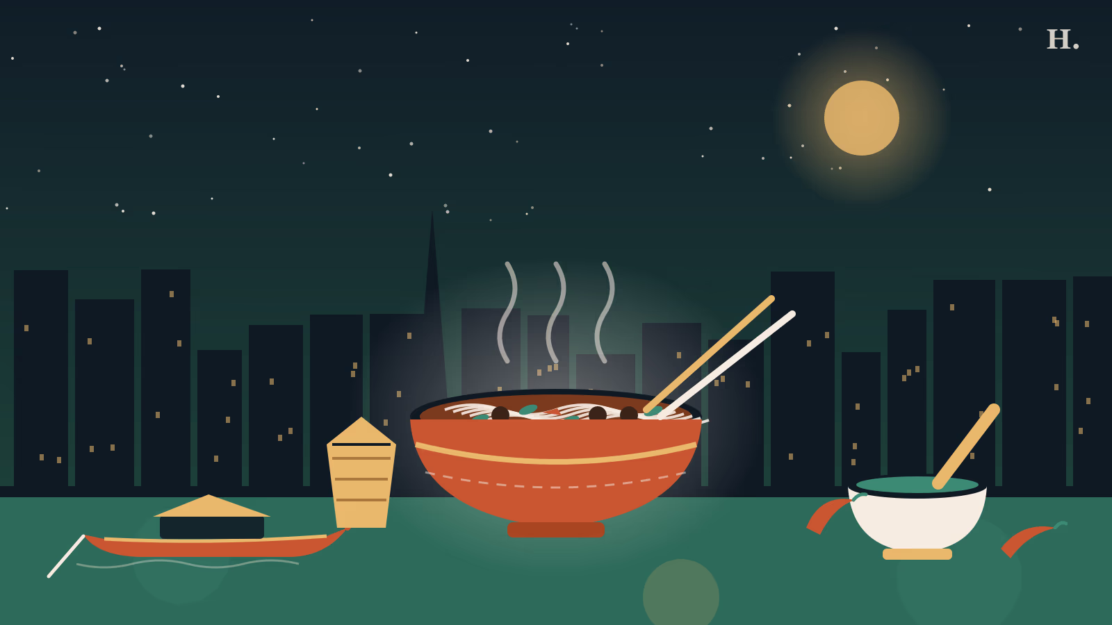 Best Thai food Houston illustration: steaming boat noodle bowl, long-tail boat and skyline at night