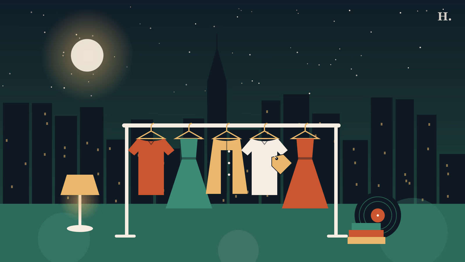 Best thrift stores in Houston illustration: a vintage clothing rack, price tag, lamp and vinyl record