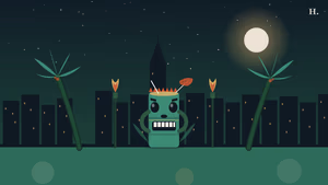 Best tiki bars in Houston illustration: tiki mug with carved face, palm trees and cocktail umbrella against night skyline