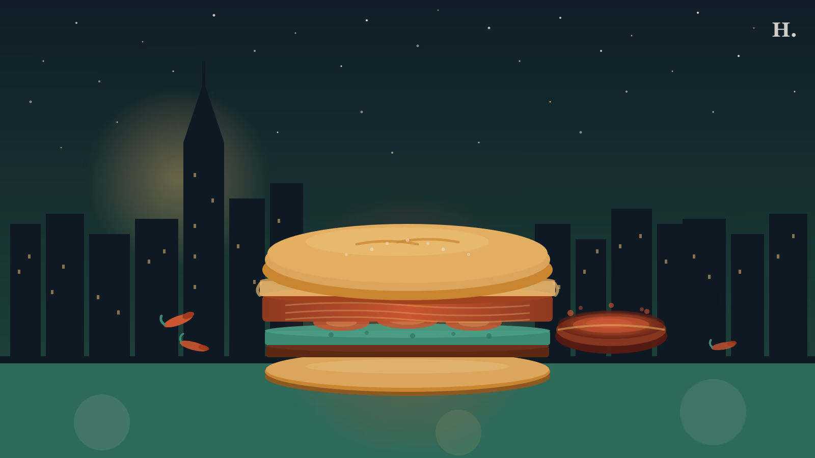 Best tortas in Houston illustration: a layered bolillo sandwich with chili peppers and ahogada sauce bowl against the Houston skyline