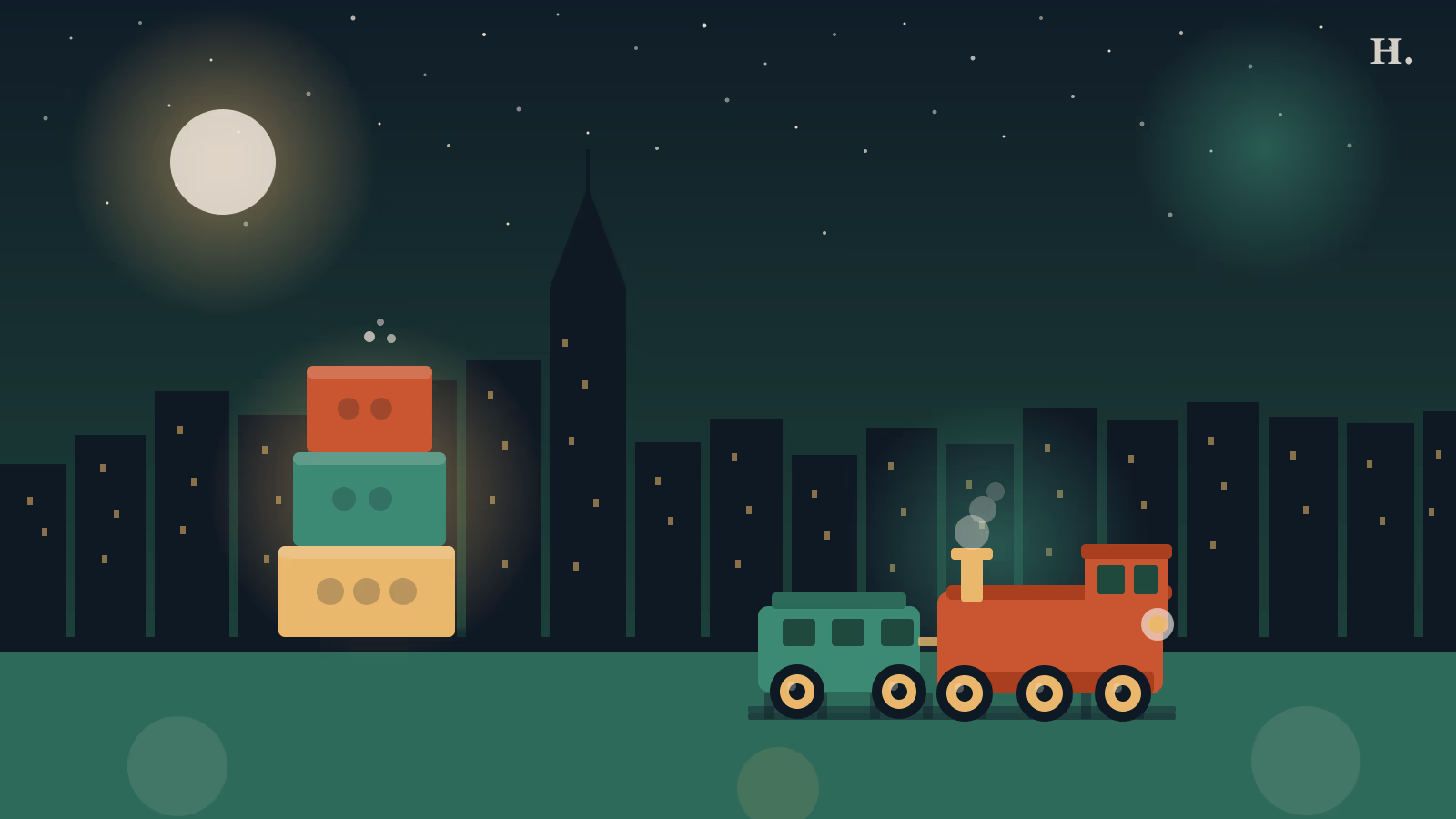 Toy stores in Houston: building blocks and toy train against Houston skyline at night