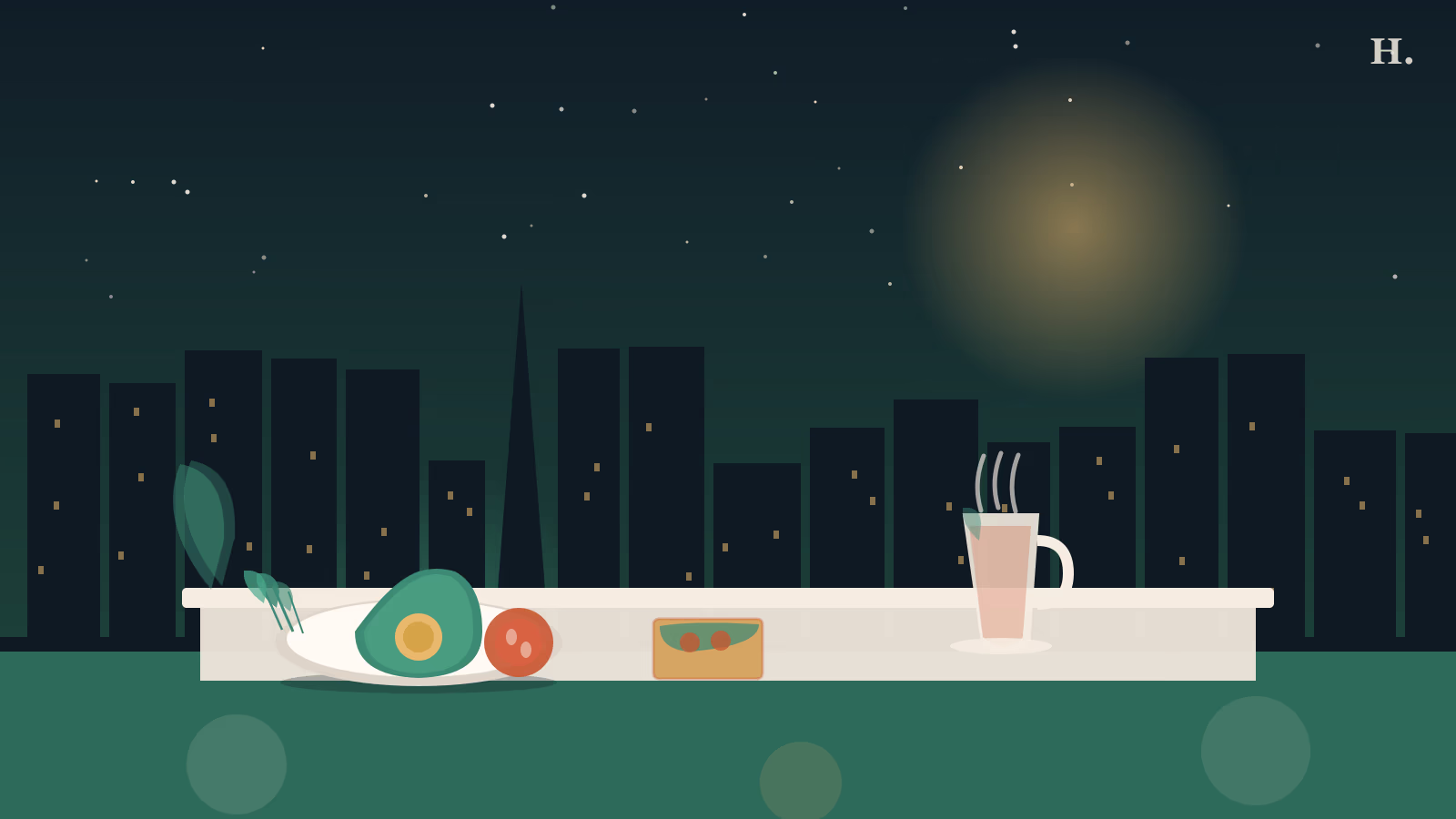 Vegan and vegetarian brunch Houston illustration: avocado bowl, tomato slices, herb sprigs and Houston skyline at dawn