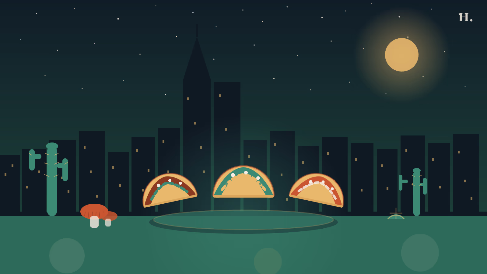 Vegan tacos Houston illustration: cactus pads, mushroom tinga tacos and night skyline