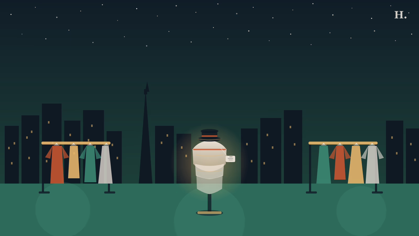 Vintage stores Houston illustration: dress form, clothing racks and gold-lit night skyline