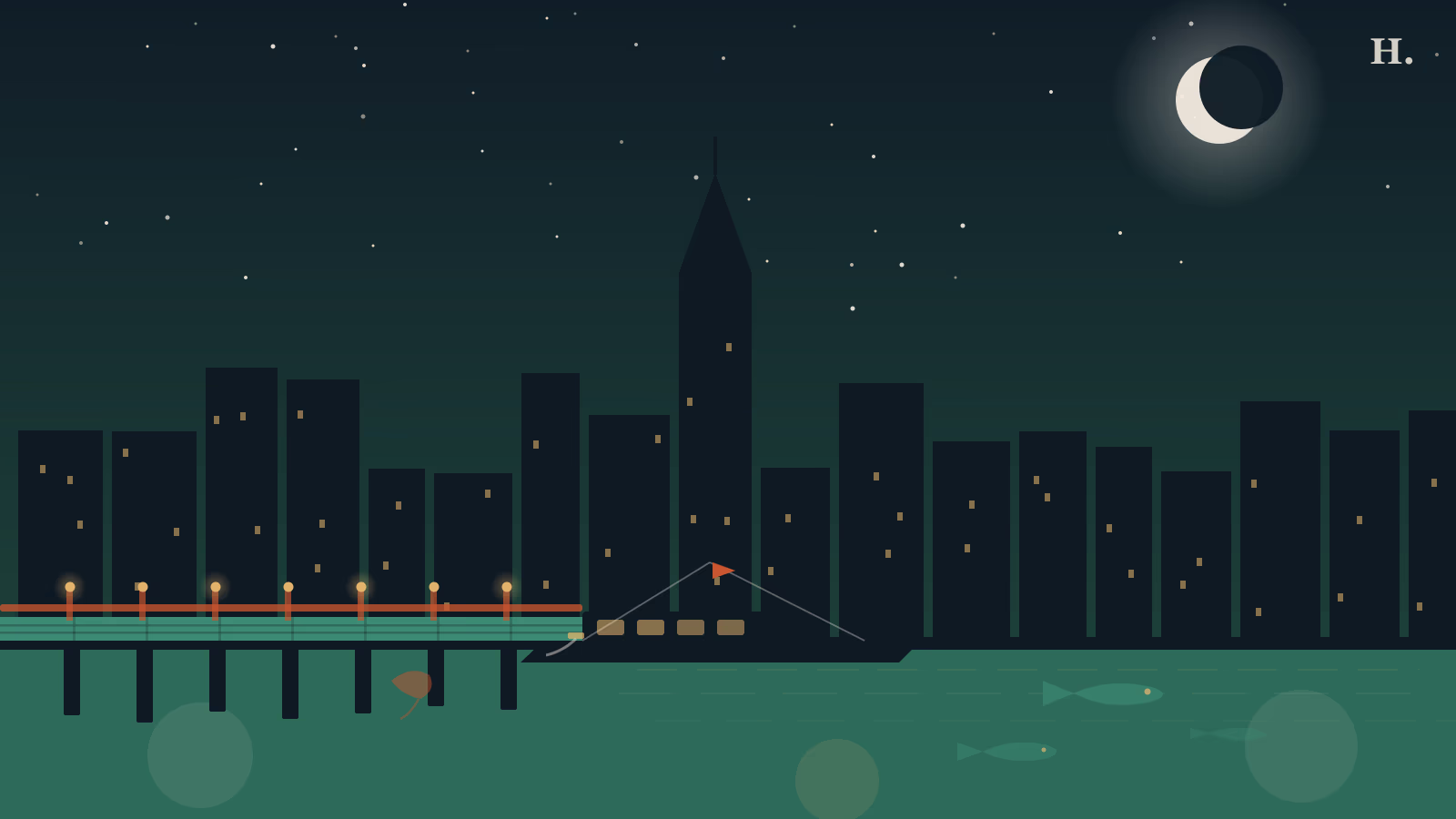 Waterfront restaurants Houston illustration: dock extending over a bayou at night, city skyline behind, boats moored