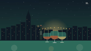 Three wine glasses and bottle against Houston night skyline, wine bar scene with string lights