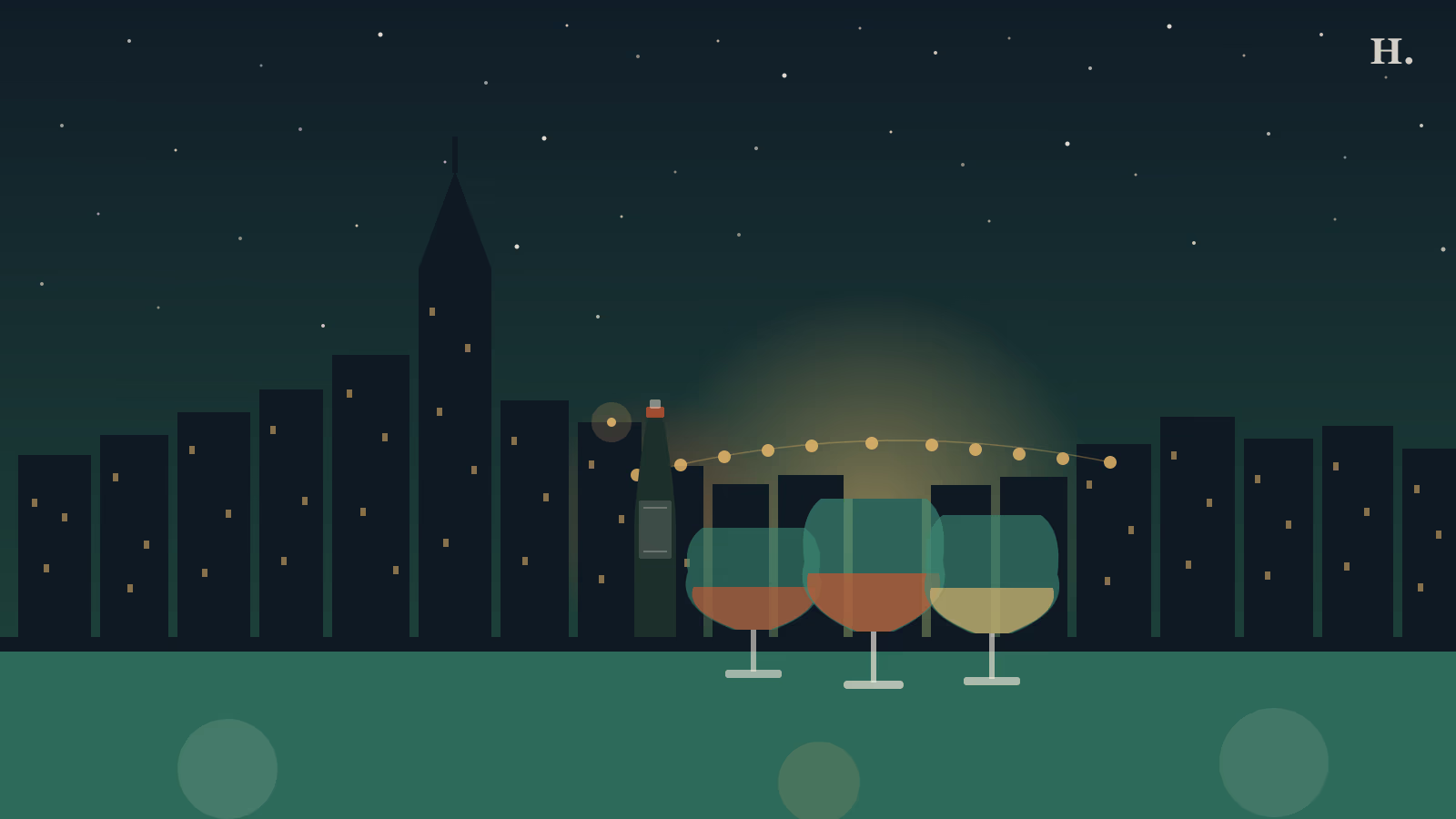 Three wine glasses and bottle against Houston night skyline, wine bar scene with string lights