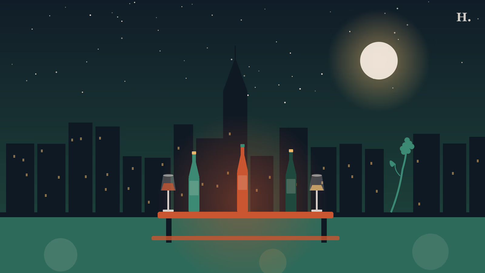 Best wine shops in Houston illustration: three wine bottles and glasses on a counter against the night Houston skyline