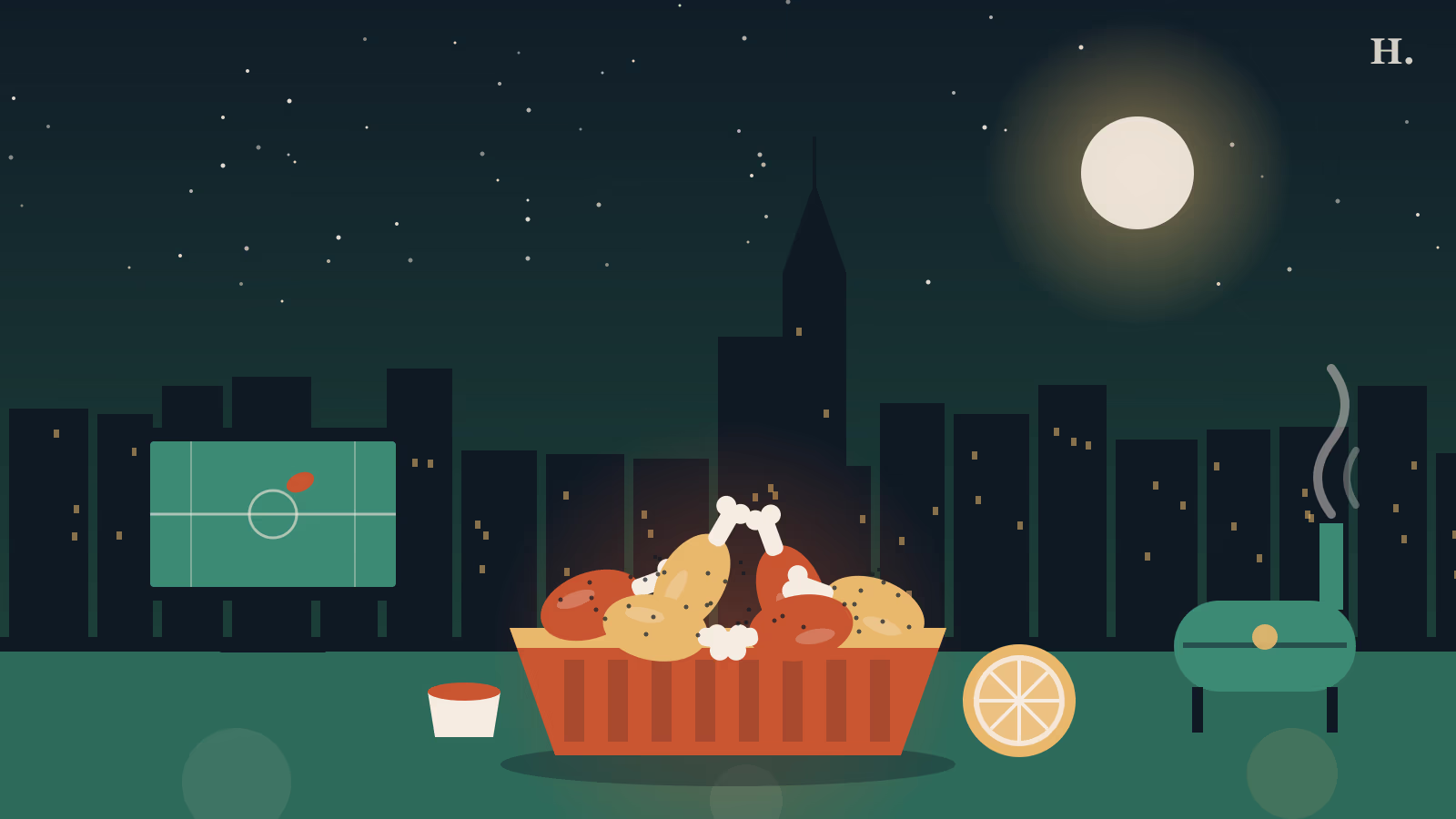 Best wings in Houston illustration: a basket of wings, lemon slice and smoker under the skyline