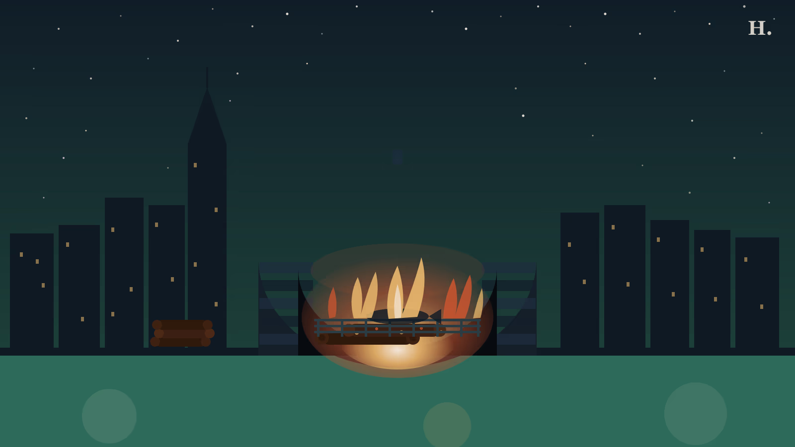 Wood fired restaurants Houston: a stone hearth with live flames, grill grate, and Houston skyline at night