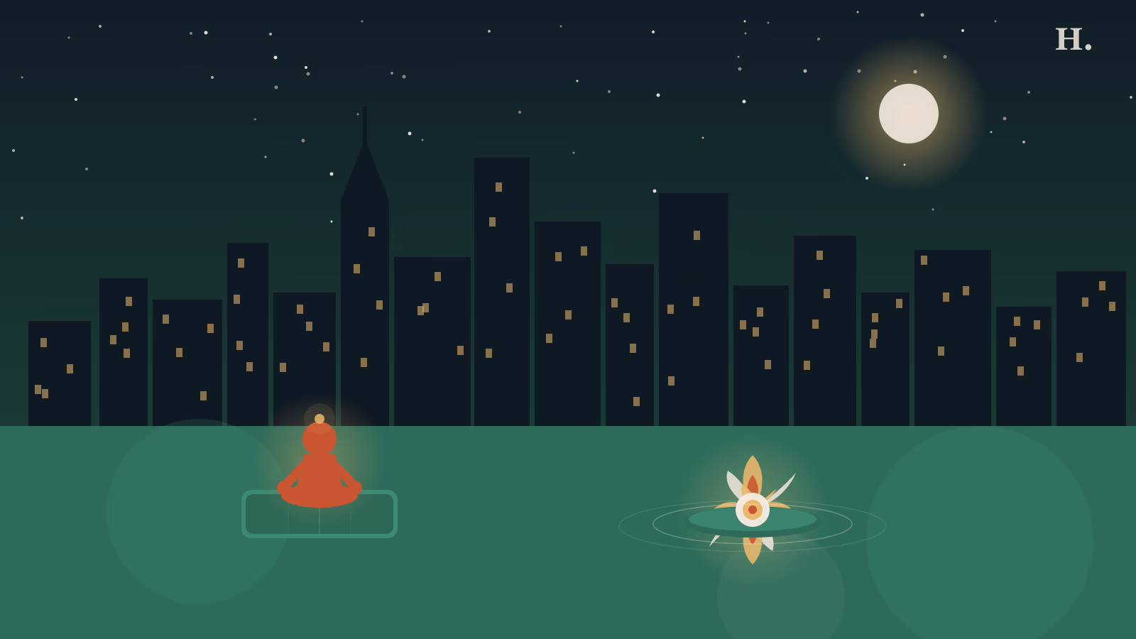 Best yoga studios Houston illustration: lotus flower, meditation figure and night skyline with teal ground