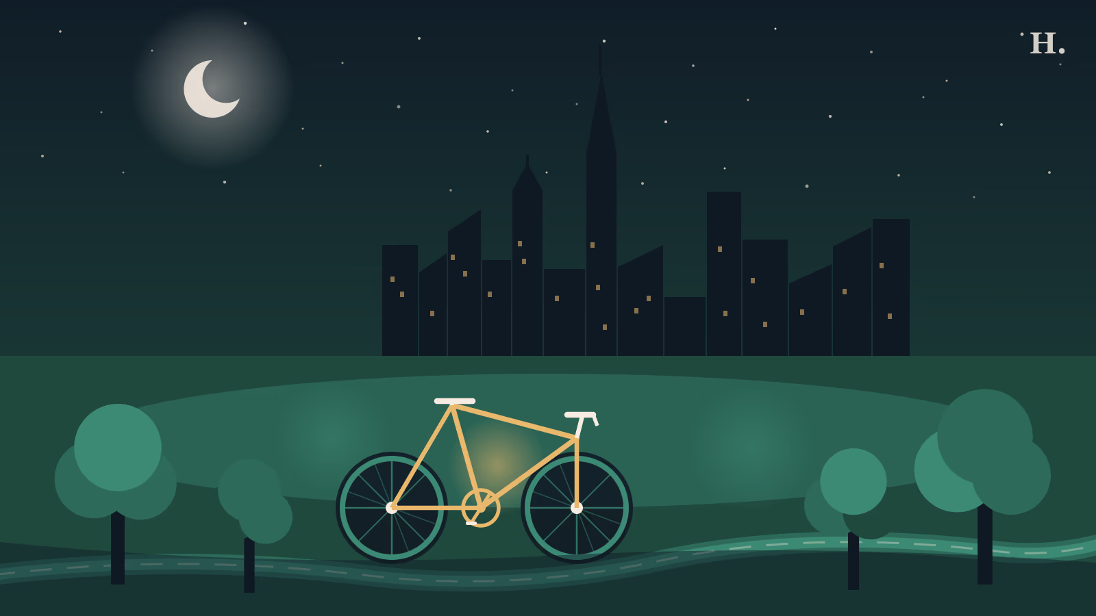 Biking in Houston illustration: bicycle on a bayou greenway trail with the downtown Houston skyline at night