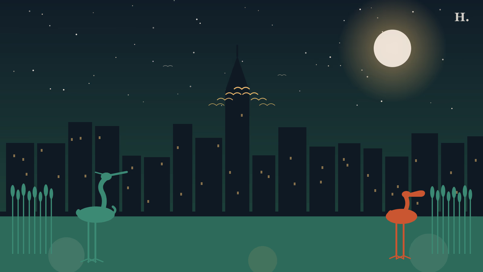Birding near Houston illustration: great blue heron silhouette and migrating birds in V-formation over coastal marsh at night