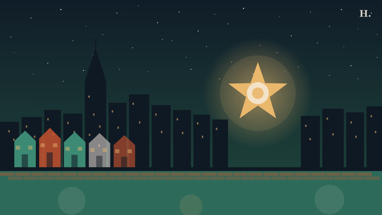 Houston skyline at night with row of colorful shotgun houses and a glowing Juneteenth star, Black History Month Houston