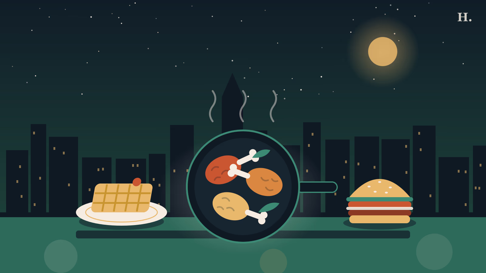 Black owned restaurants Houston illustration: skillet of fried chicken, waffle and burger before the skyline