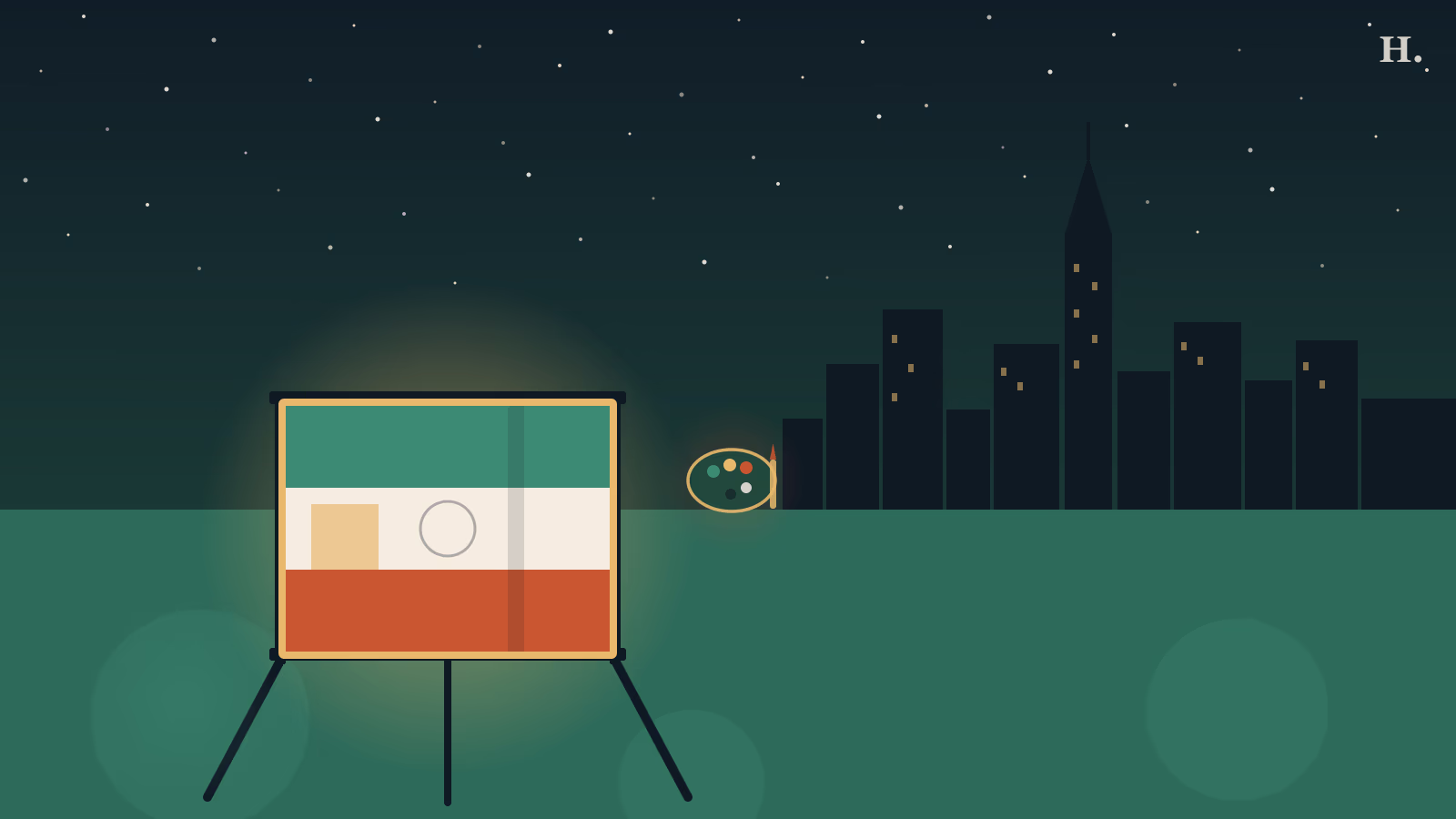 Blaffer Art Museum Houston night illustration: canvas easel with abstract art against the city skyline