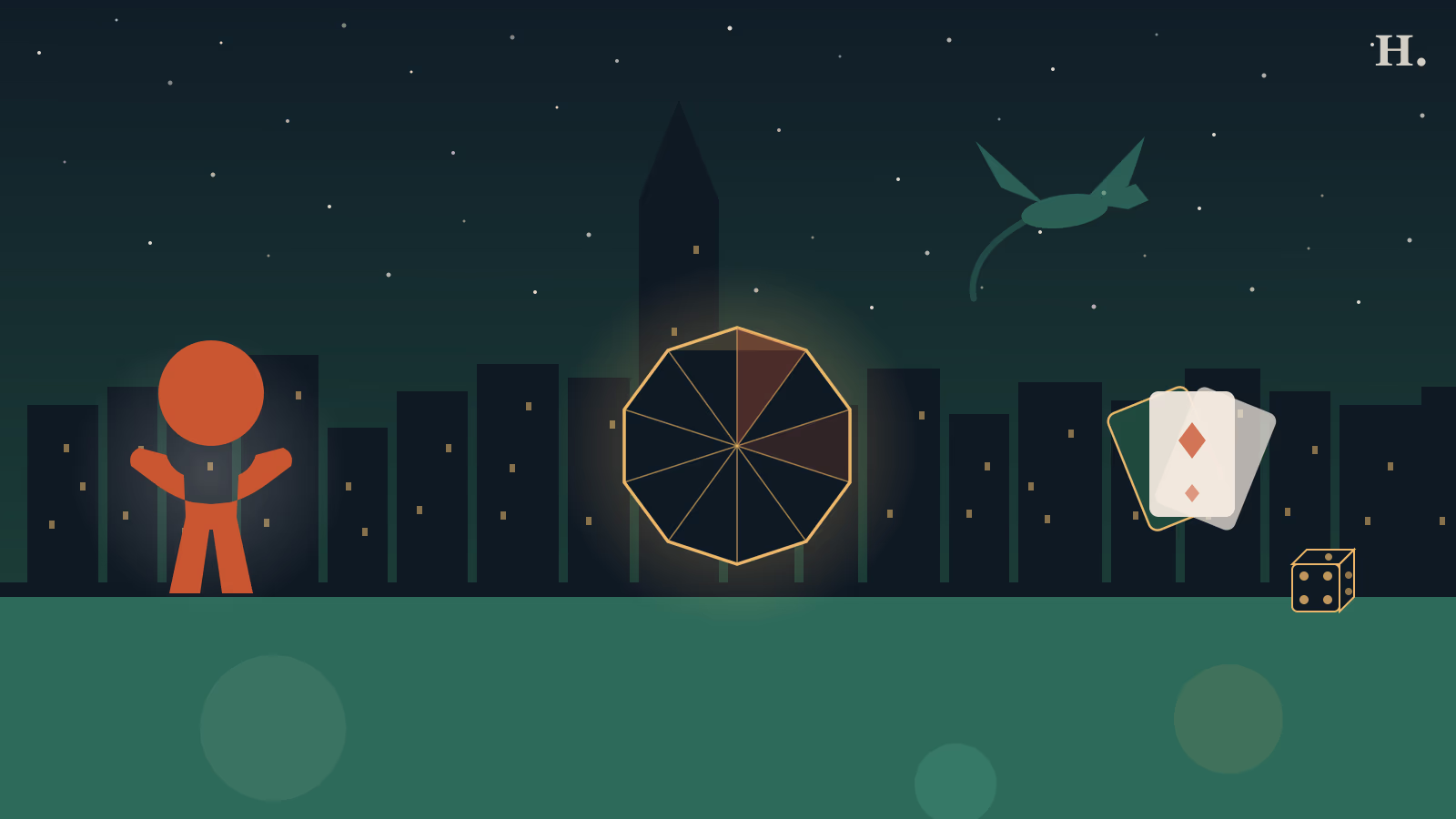Board game cafe Houston illustration with D20 dice, playing cards and meeple against Houston skyline at night