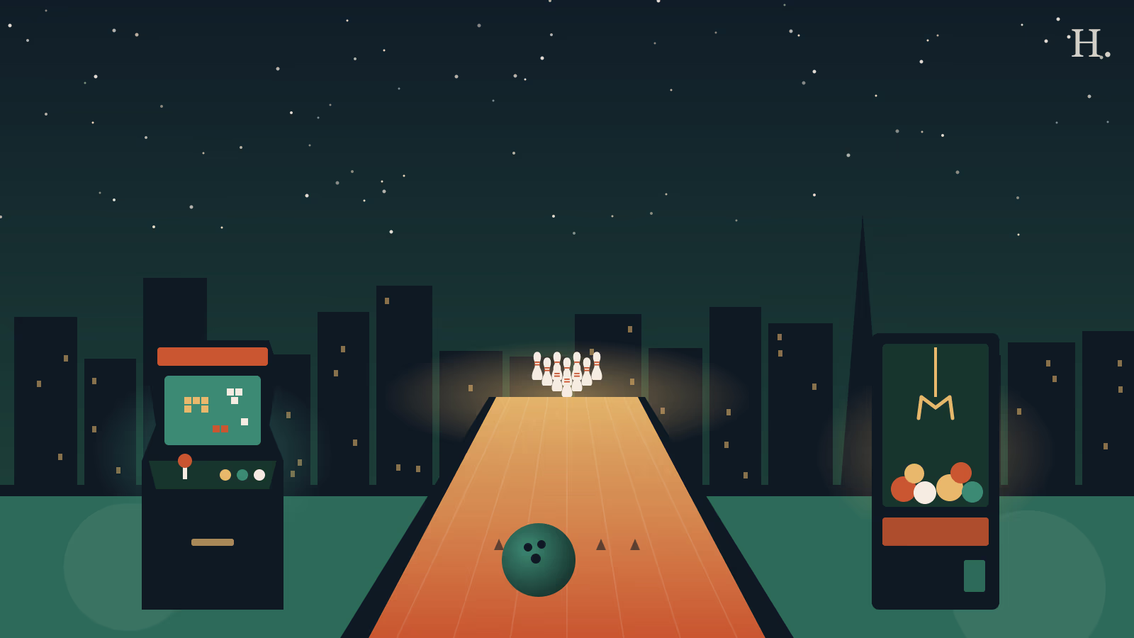 Arcade Houston illustration: bowling lane with pins, retro arcade cabinet and claw machine under a night skyline