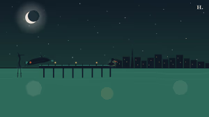 Brazosport night illustration: a fishing pier with pelican and heron, leaping redfish, and distant Houston skyline over Gulf Coast waters