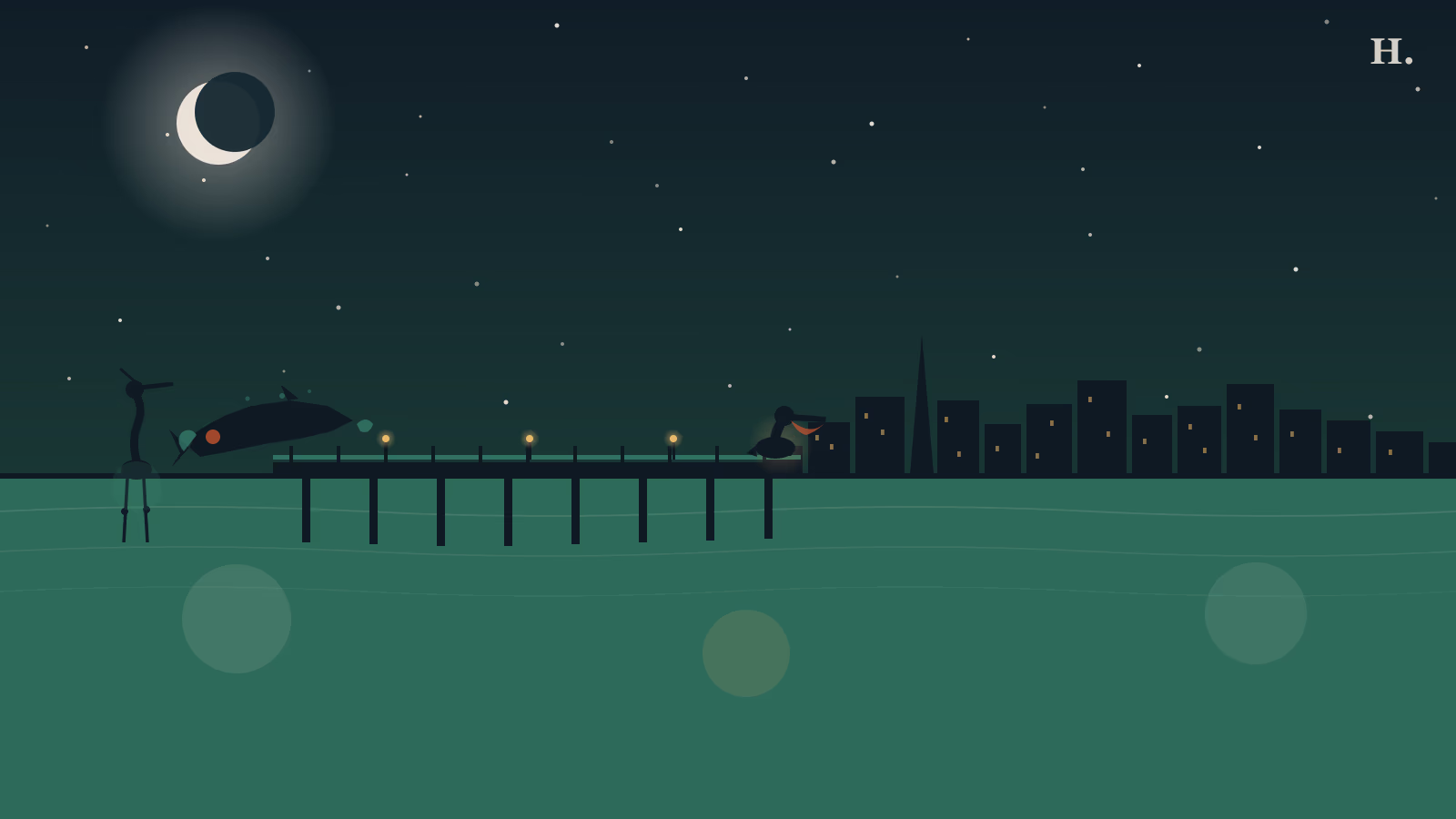 Brazosport night illustration: a fishing pier with pelican and heron, leaping redfish, and distant Houston skyline over Gulf Coast waters