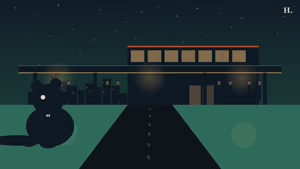 Buc-ee's near Houston night illustration: beaver silhouette at a lit fuel canopy with Houston skyline