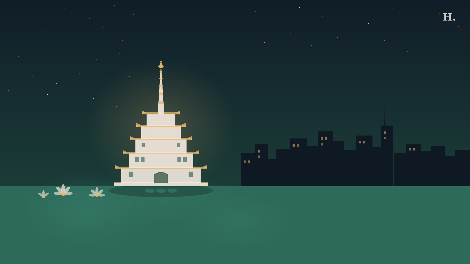 Buddhist pagoda temple silhouette against night sky in Houston with lotus flowers in foreground