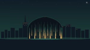Buffalo Bayou Cistern illustration: gothic arch opening to illuminated underground columns reflecting in still water