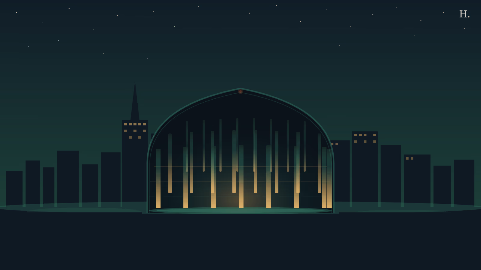 Buffalo Bayou Cistern illustration: gothic arch opening to illuminated underground columns reflecting in still water