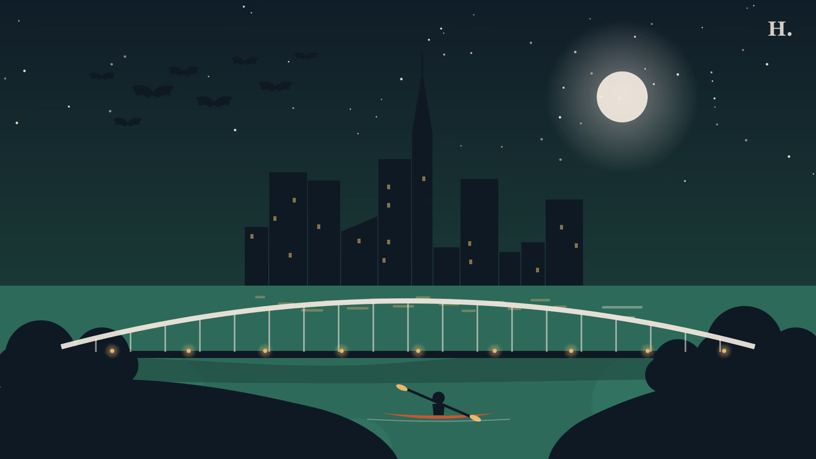 Illustration of Buffalo Bayou Park at night with a lit bridge, kayak, bats and Houston skyline