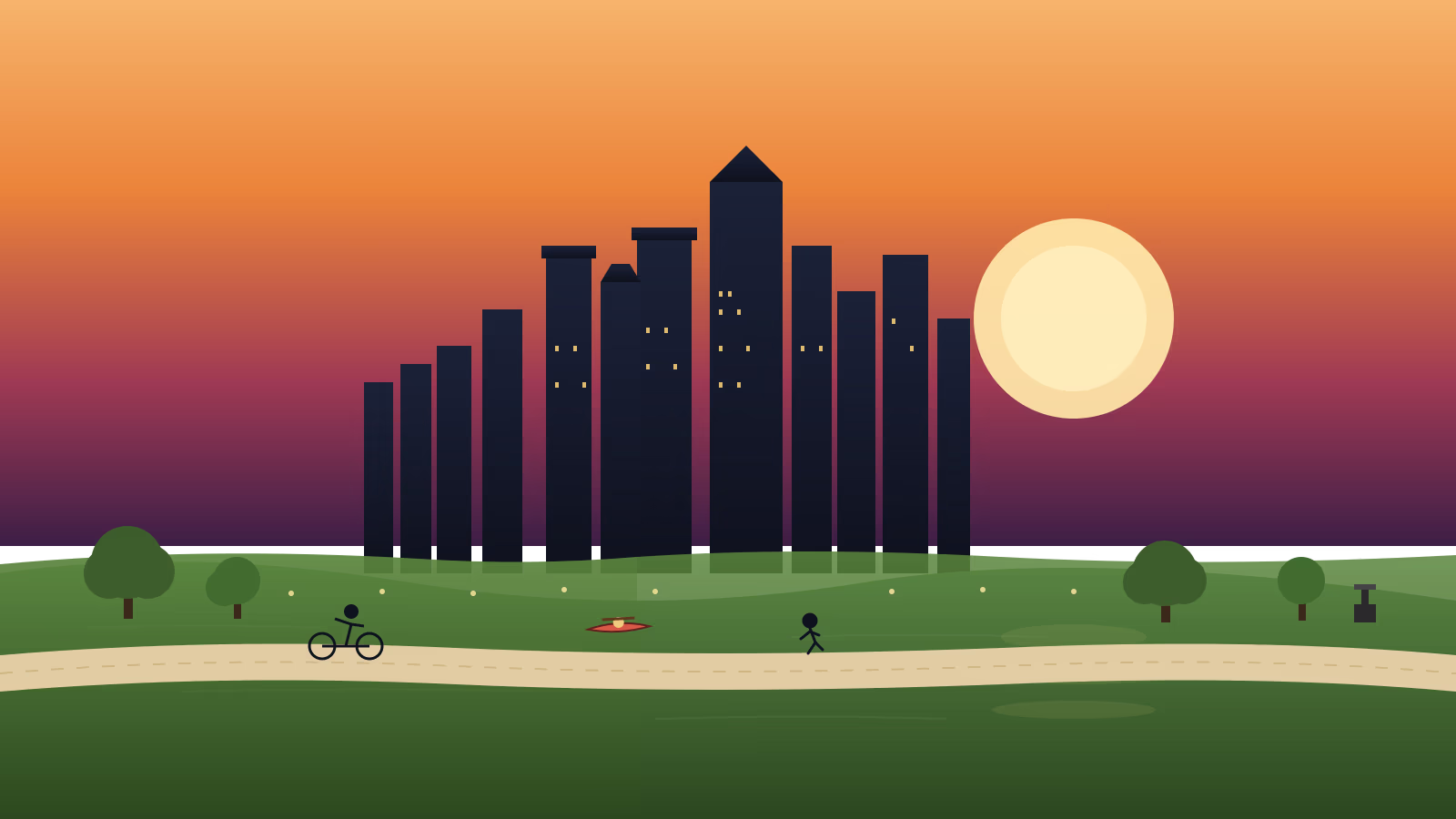 Sunset over downtown Houston skyline with bayou hike and bike trail kayak and Cistern periscope illustrating Buffalo Bayou Park visitor guide