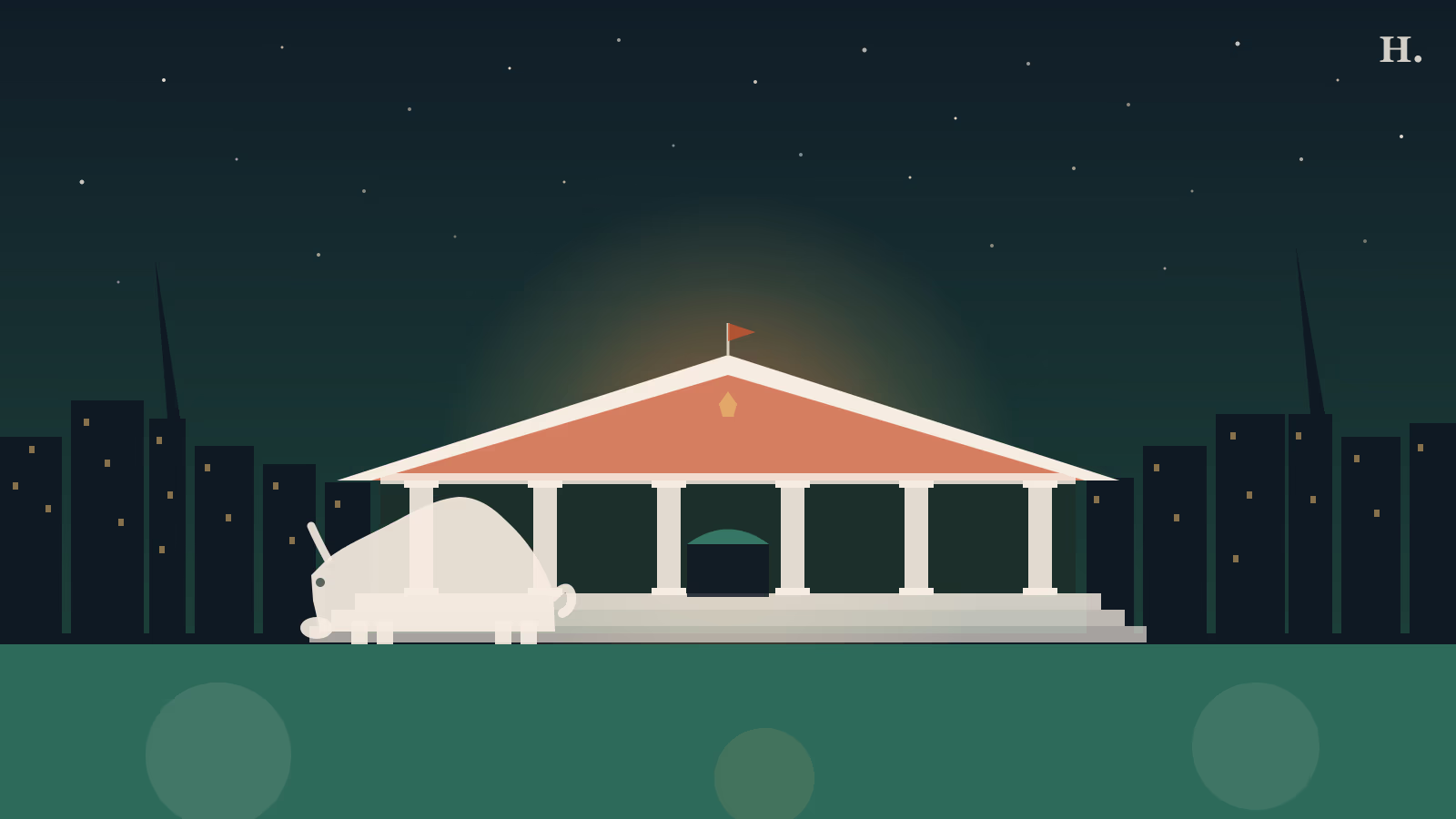 Buffalo Soldiers National Museum Houston illustration: armory building with columns and buffalo silhouette at night