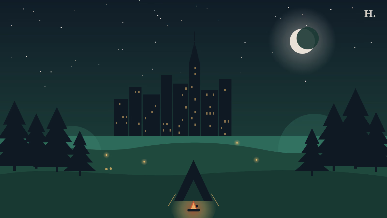 Camping near Houston night illustration: A-frame tent with campfire glow, pine trees flanking Houston skyline and crescent moon