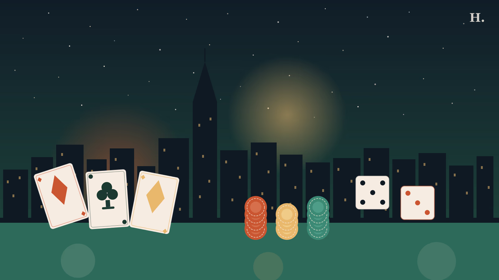 Casinos near Houston illustration: playing cards, poker chips, and dice against the Houston night skyline