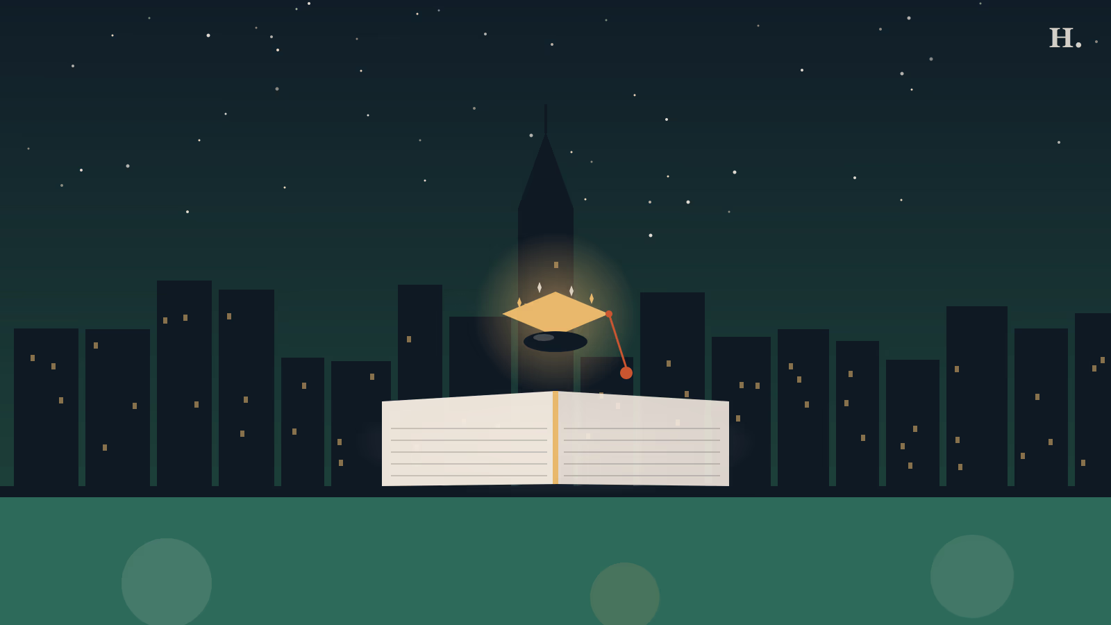 Open book and graduation cap above Houston's night skyline for charter schools guide