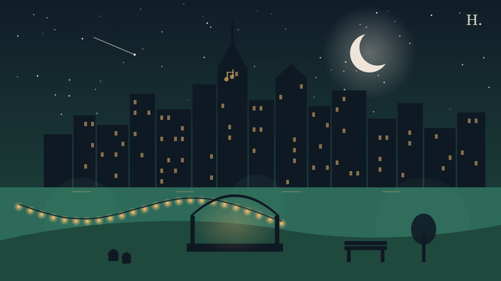Cheap date ideas Houston illustration: outdoor bandshell and couple under Houston night sky