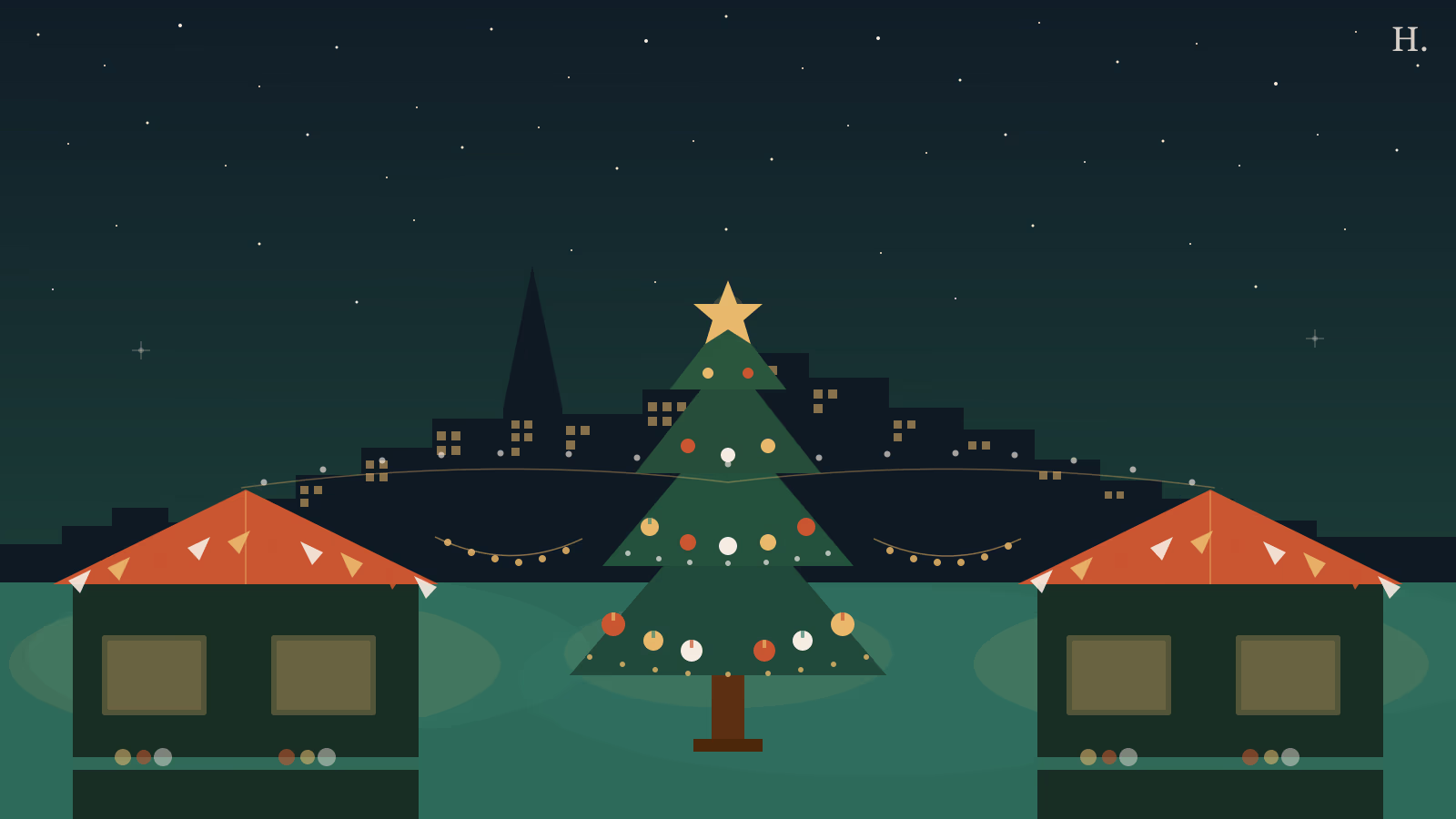 Christmas markets in Houston illustration: market stalls with warm lights, ornament-covered tree, downtown skyline at night