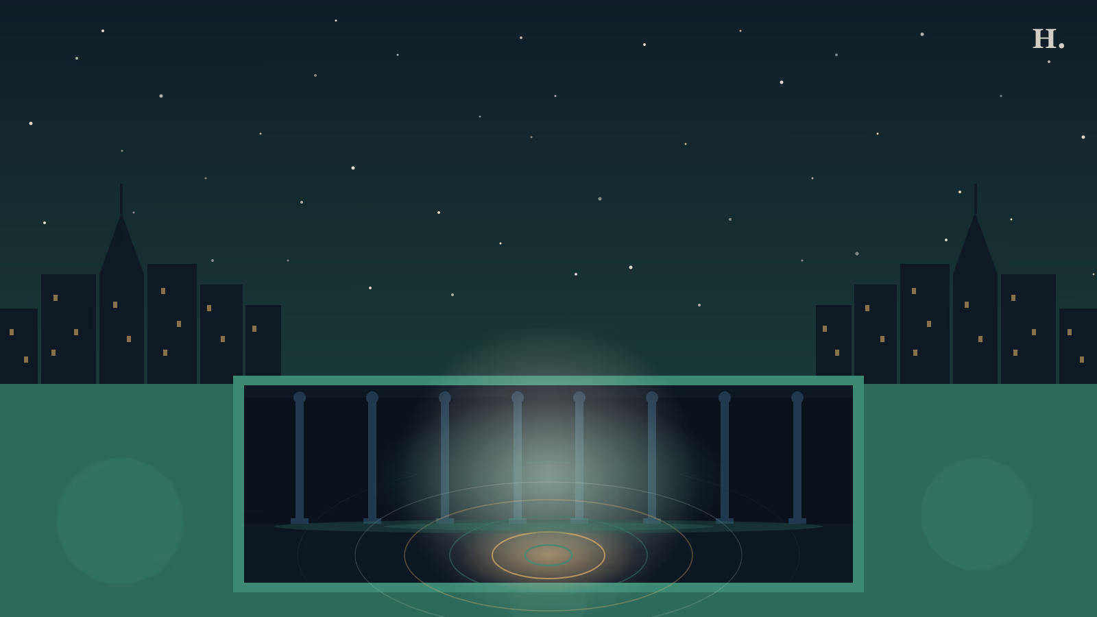 Cistern Houston illustration: underground columns and echo ripples beneath the night skyline