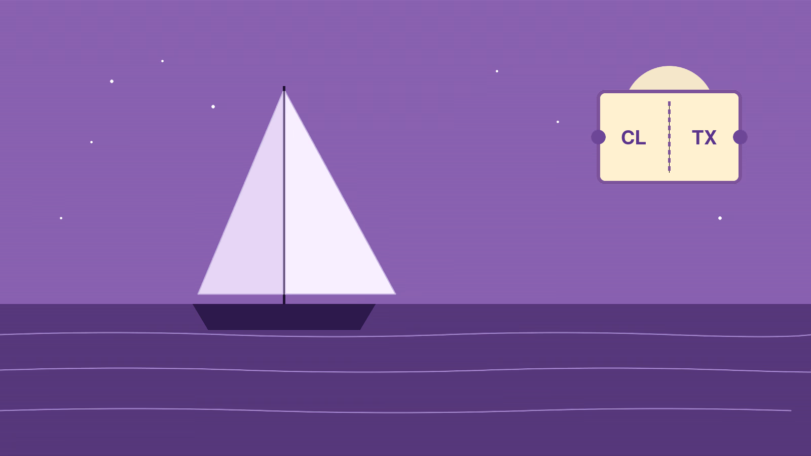 Purple night sky over a sailboat and Clear Lake ticket icon for things to do in Clear Lake TX
