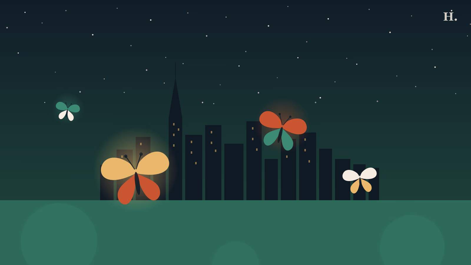 Cockrell Butterfly Center Houston illustration: tropical butterflies flying over the Houston night skyline