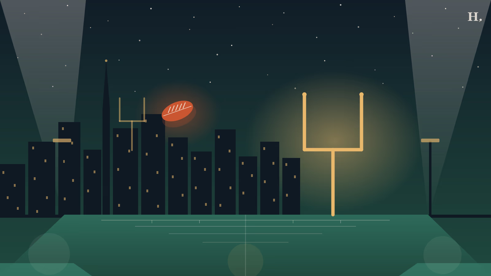 College football Houston illustration: goalpost and football against night sky with Houston skyline silhouette