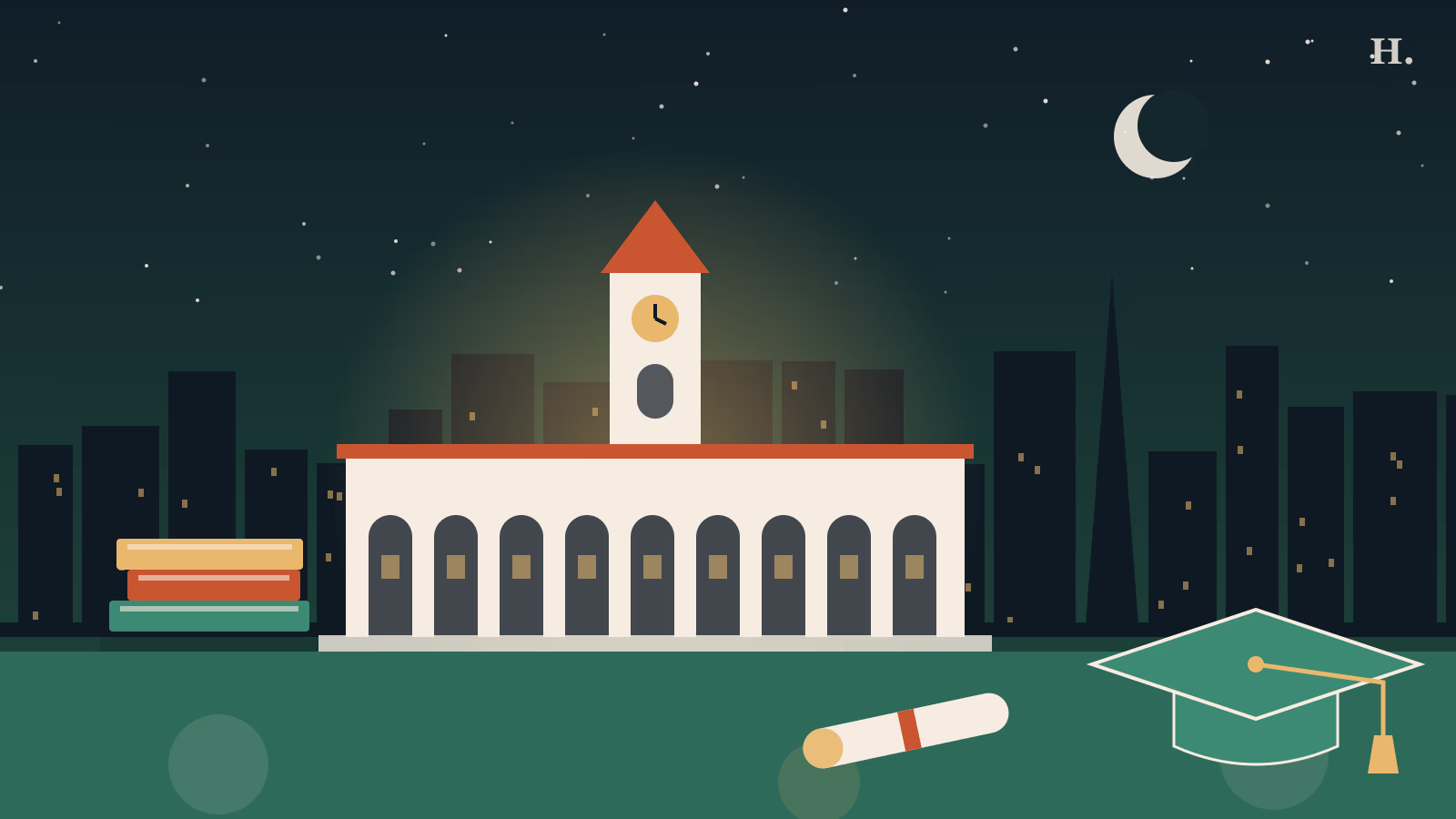 Illustration of universities in Houston: a campus building and graduation cap under the downtown skyline at night