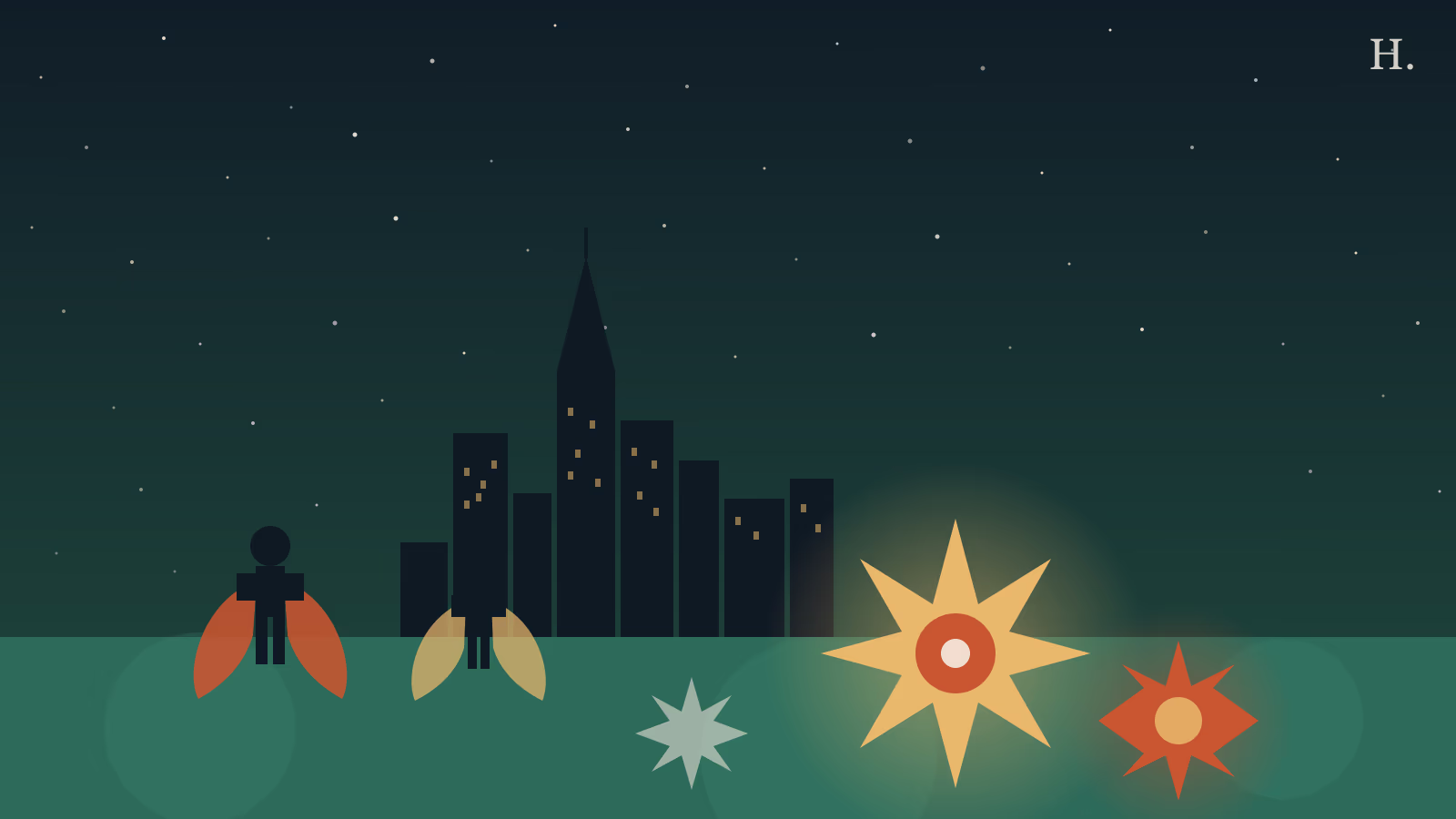 Comicpalooza Houston guide illustration: superhero silhouettes with capes and comic starburst motifs against the downtown skyline