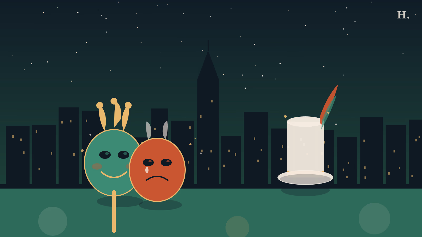 Costume shops in Houston illustration: comedy and tragedy theater masks with top hat against the Houston skyline at night