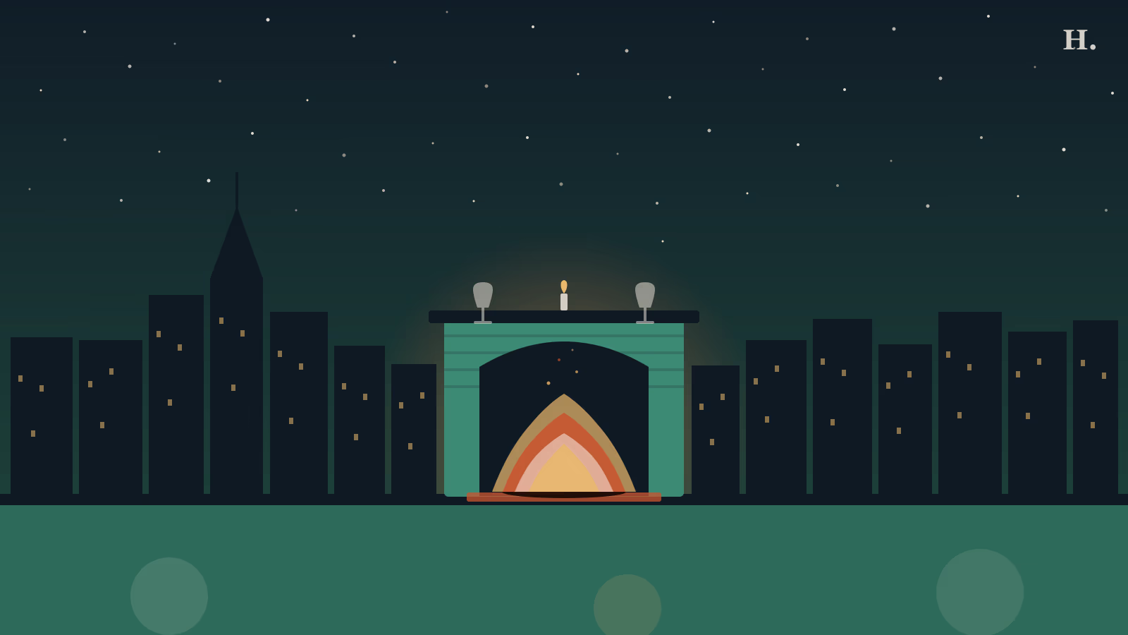 Restaurants with fireplaces in Houston — stone hearth with flames and wine glasses against a night skyline