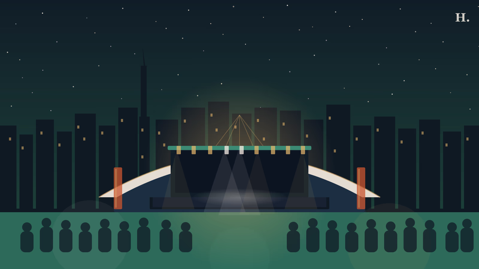Illustrated Cynthia Woods Mitchell Pavilion at night with covered stage and Houston skyline